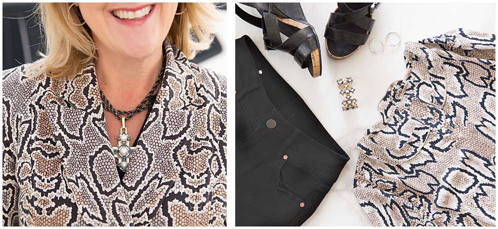Woman wearing a python printed blazer and a flat lay of 2020 winter fashions for personal branding shoots