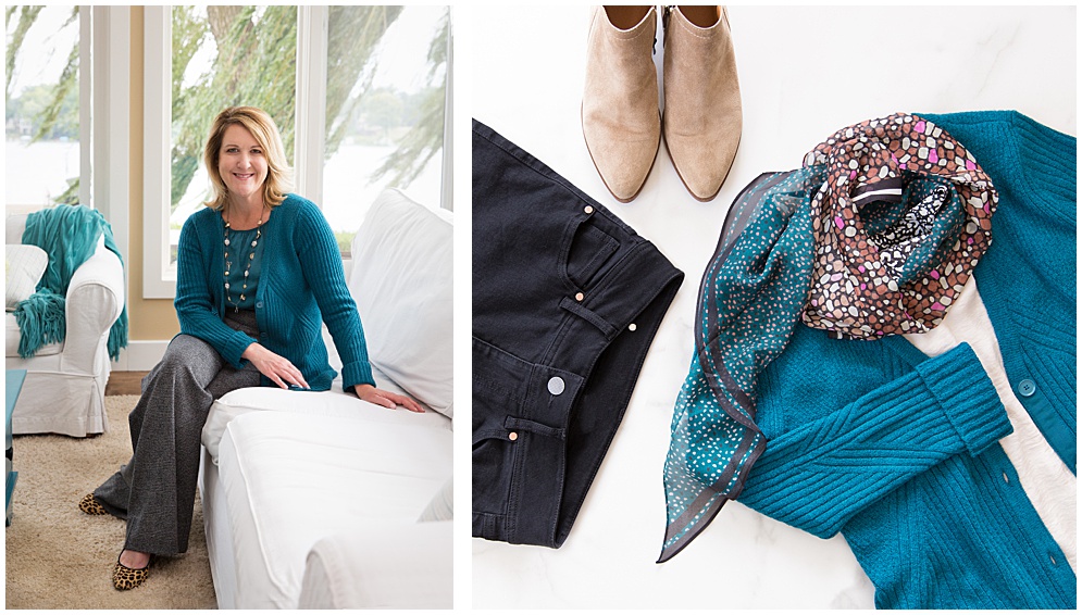 Teal and gem tones are a big fashion statement this fall and winter. Cabi clothing is shown here that is perfect for a branding shoot.