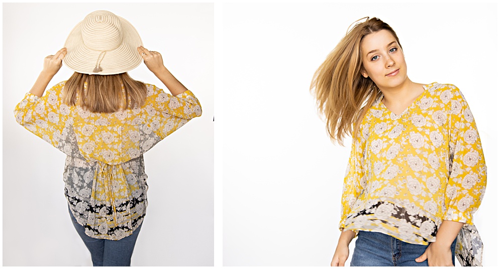 Cabi Spring 2020 Gather Blouse is Modeled in Studio Angela Brown Photography