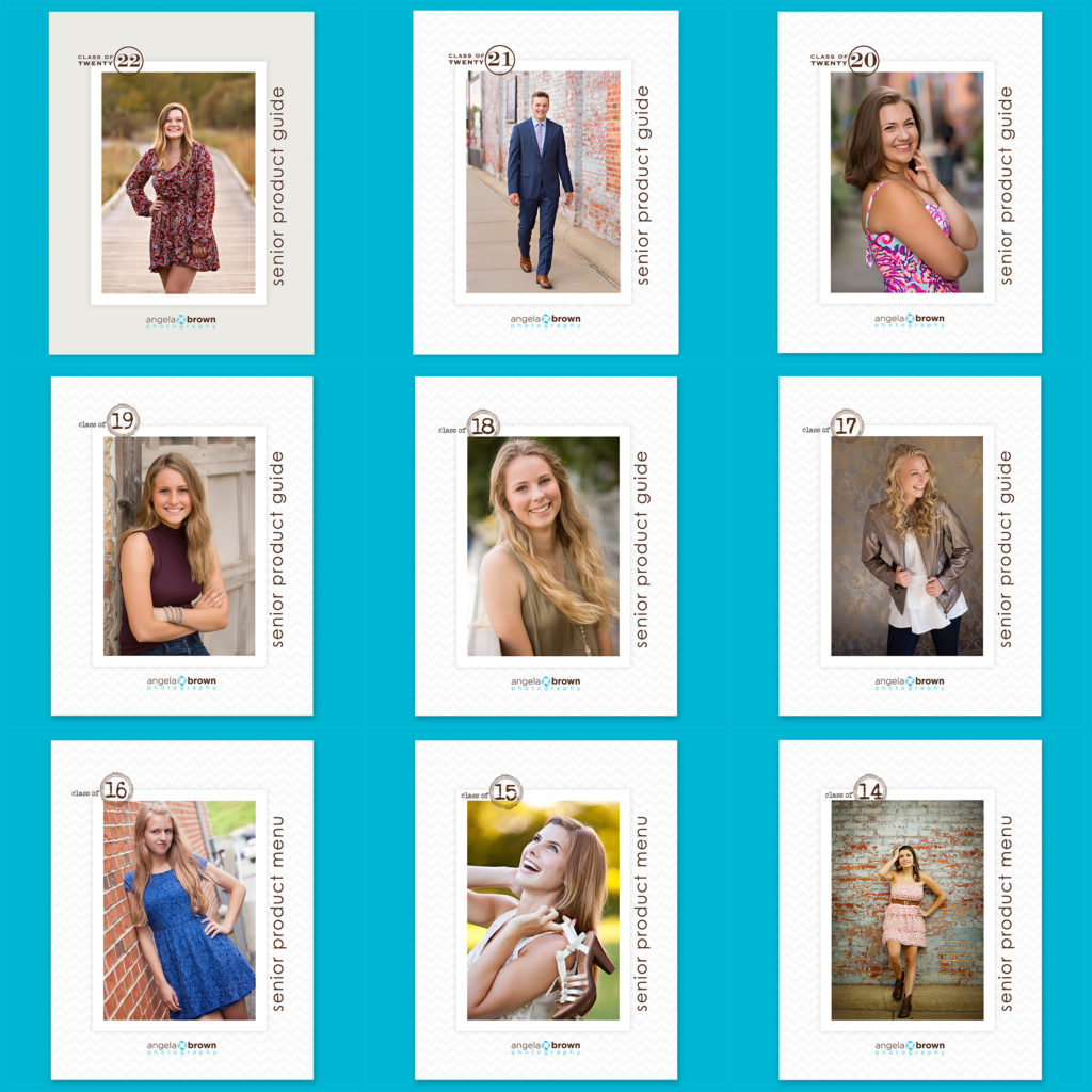 A collage of nine years of cover girls from Angela Brown Photography's senior product guide