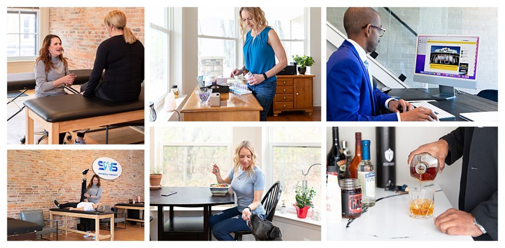 A group of images of entrepreneurs in their own homes or offices.