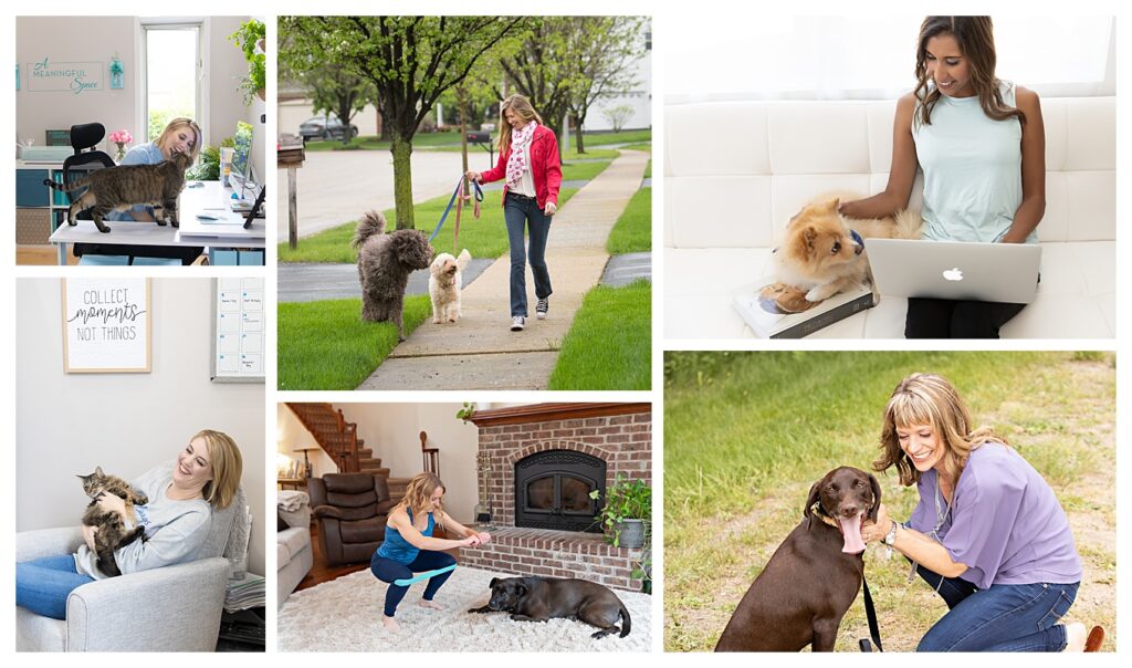 A collage of entrepreneurs enjoying their pets in their brand images.