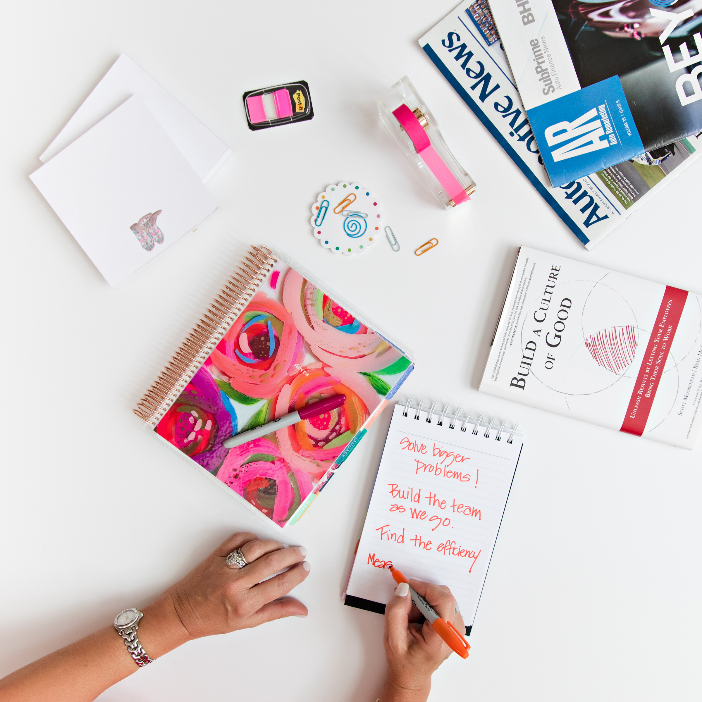 flatlay image of hands and office supplies